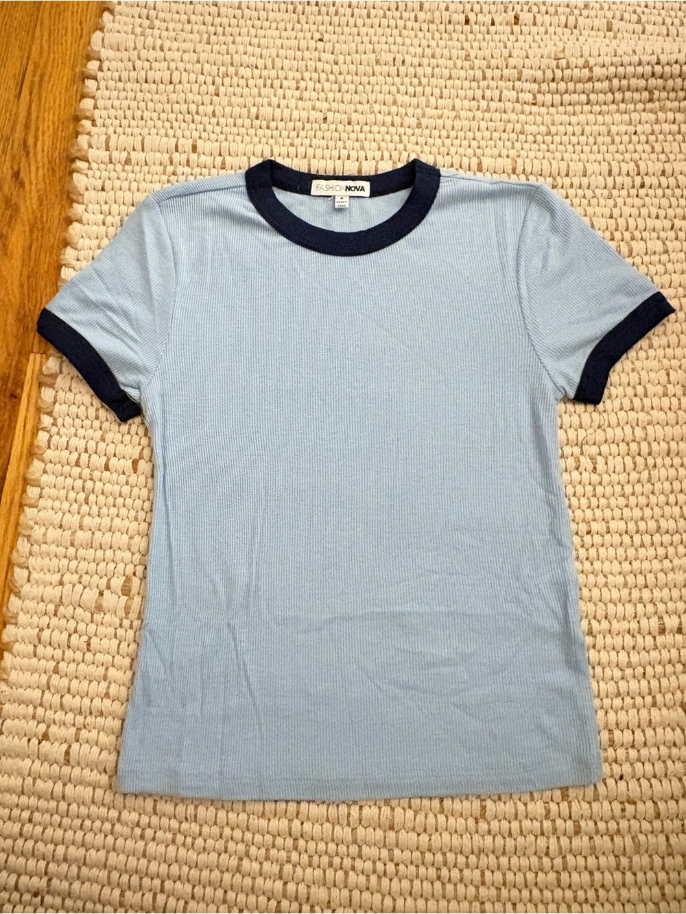 Fashion Nova Light Blue Ringer Tee with Navy Trim